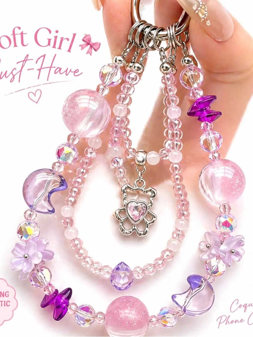 Coquette Phone Charm Pink | Soft Girl Aesthetic Strap | Cute Beaded iPhone Chain
